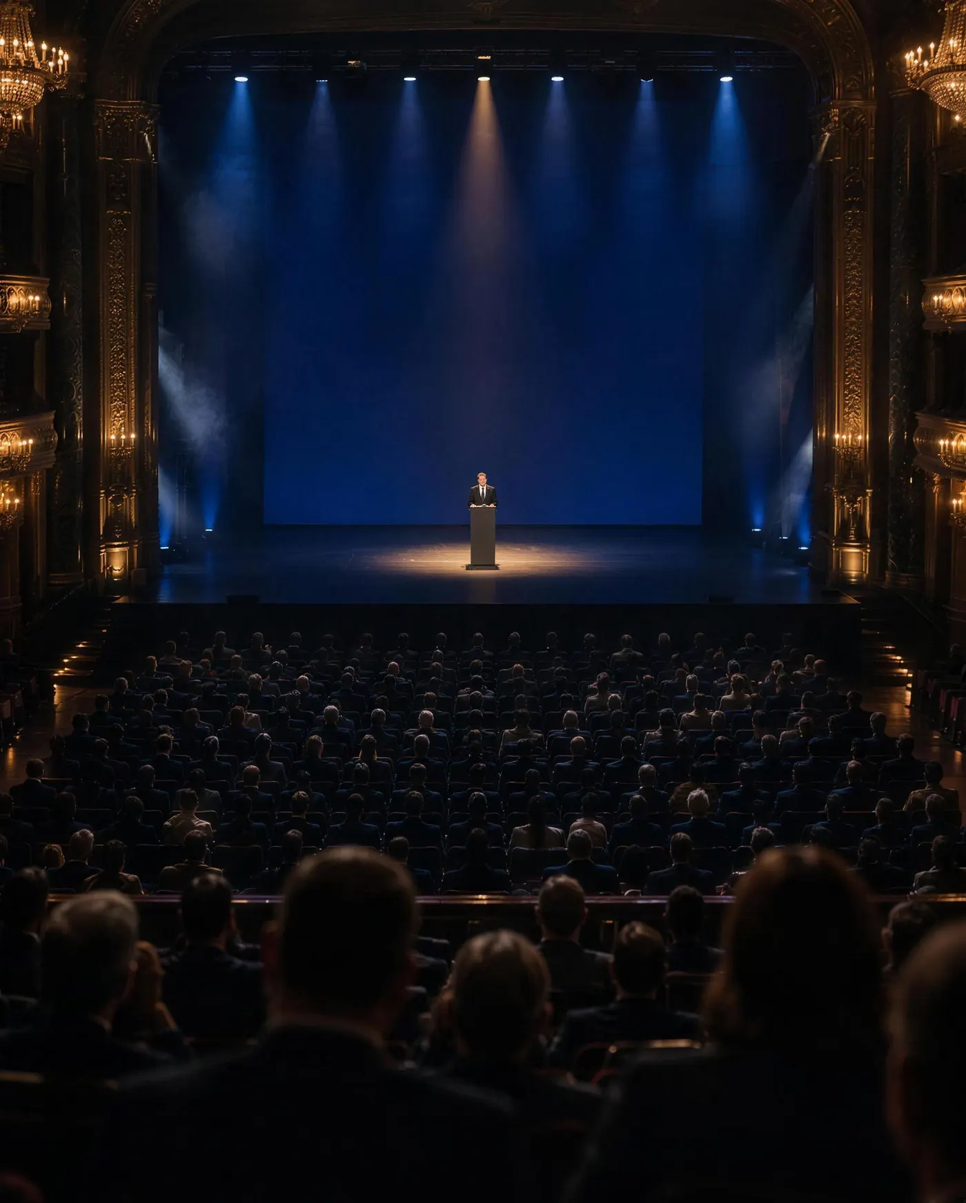 A speaker at a lectern in a single spotlight on a large stage, facing a full auditorium