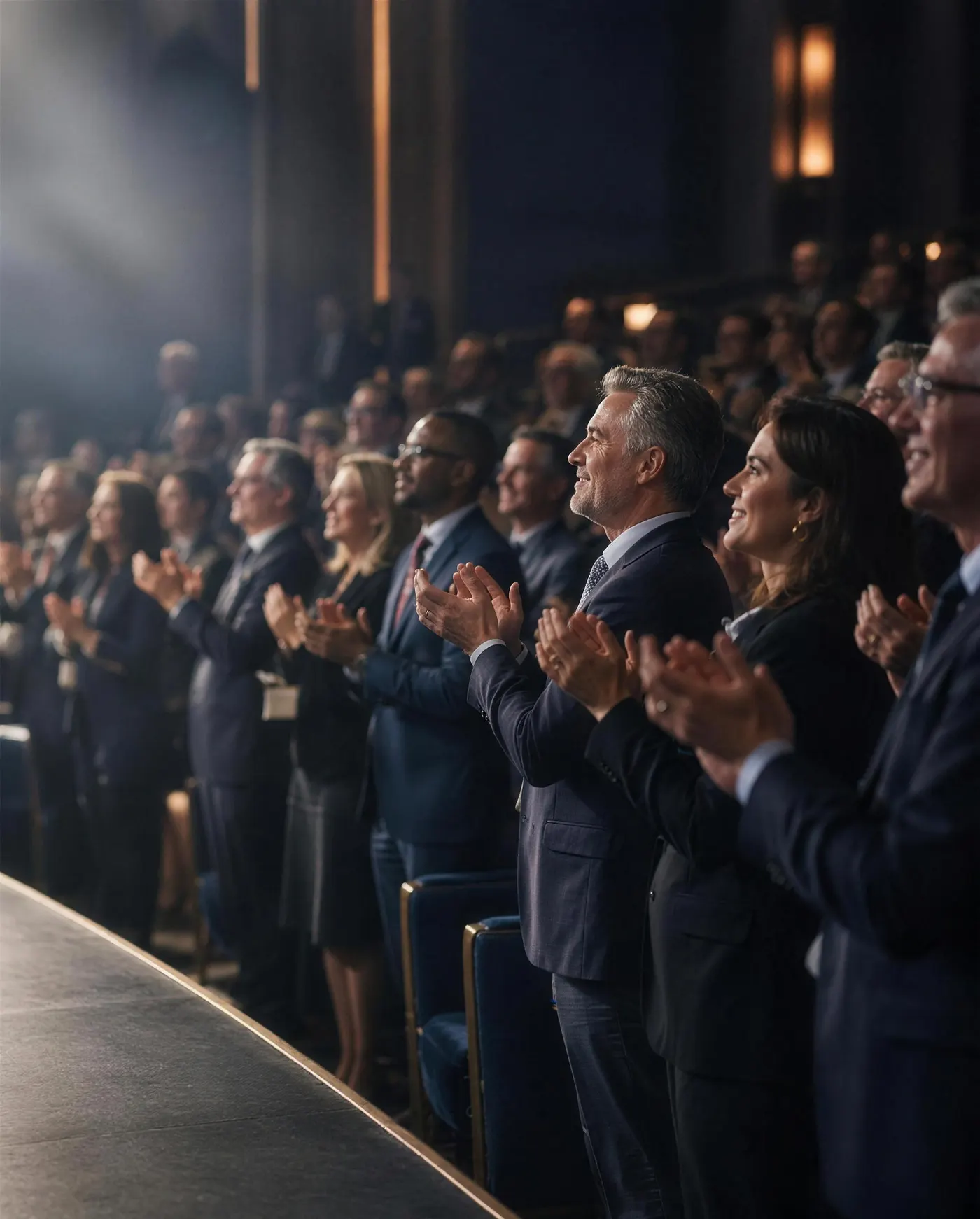 Senior leaders in a conference auditorium rising to applaud at the end of a keynote