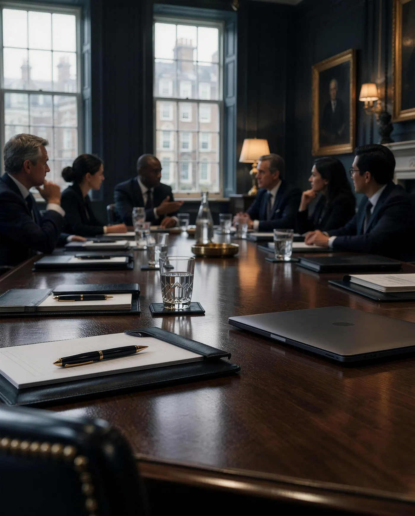 A Board meeting in progress in a panelled London boardroom