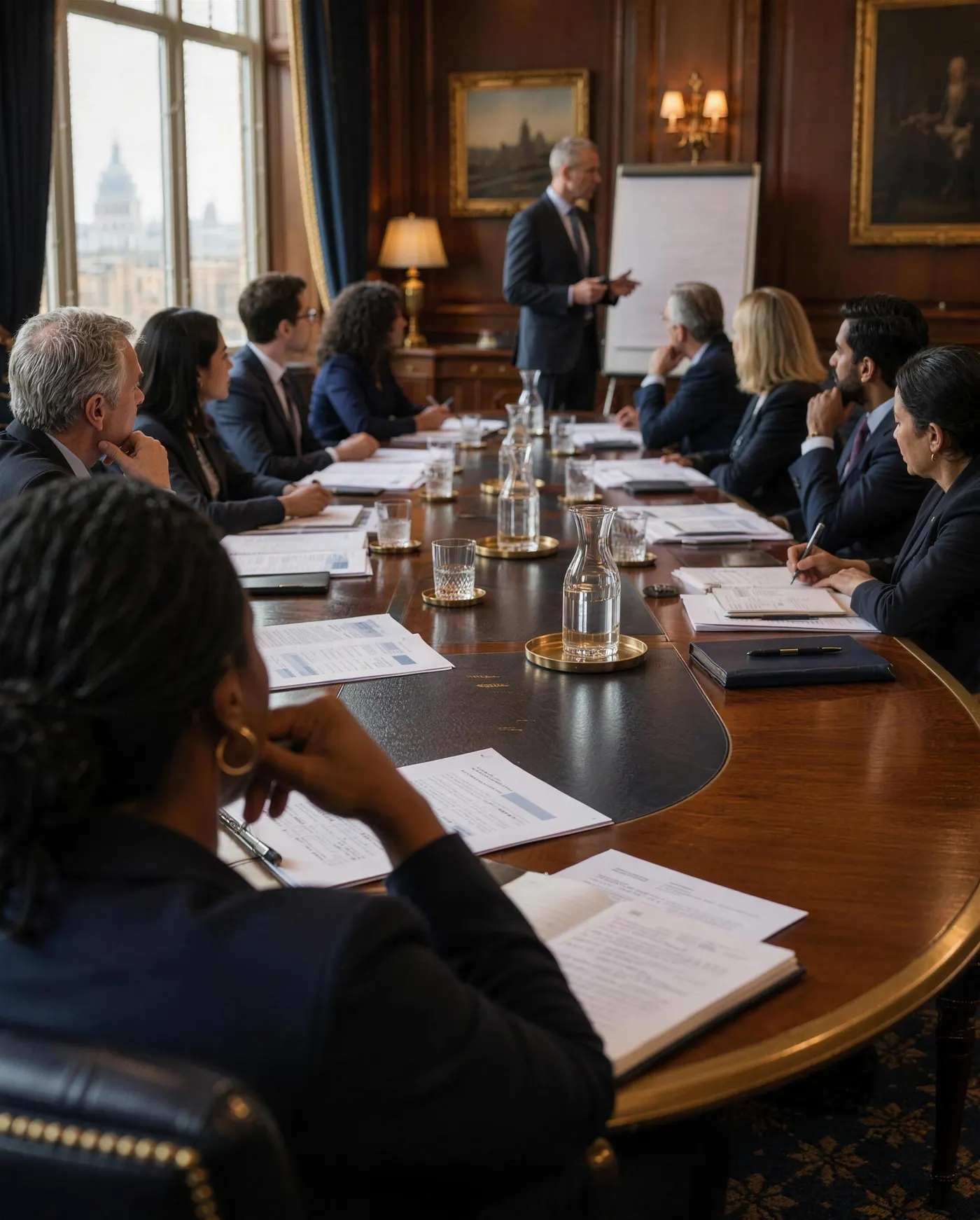 Board members working through a governance exercise around an oval boardroom table