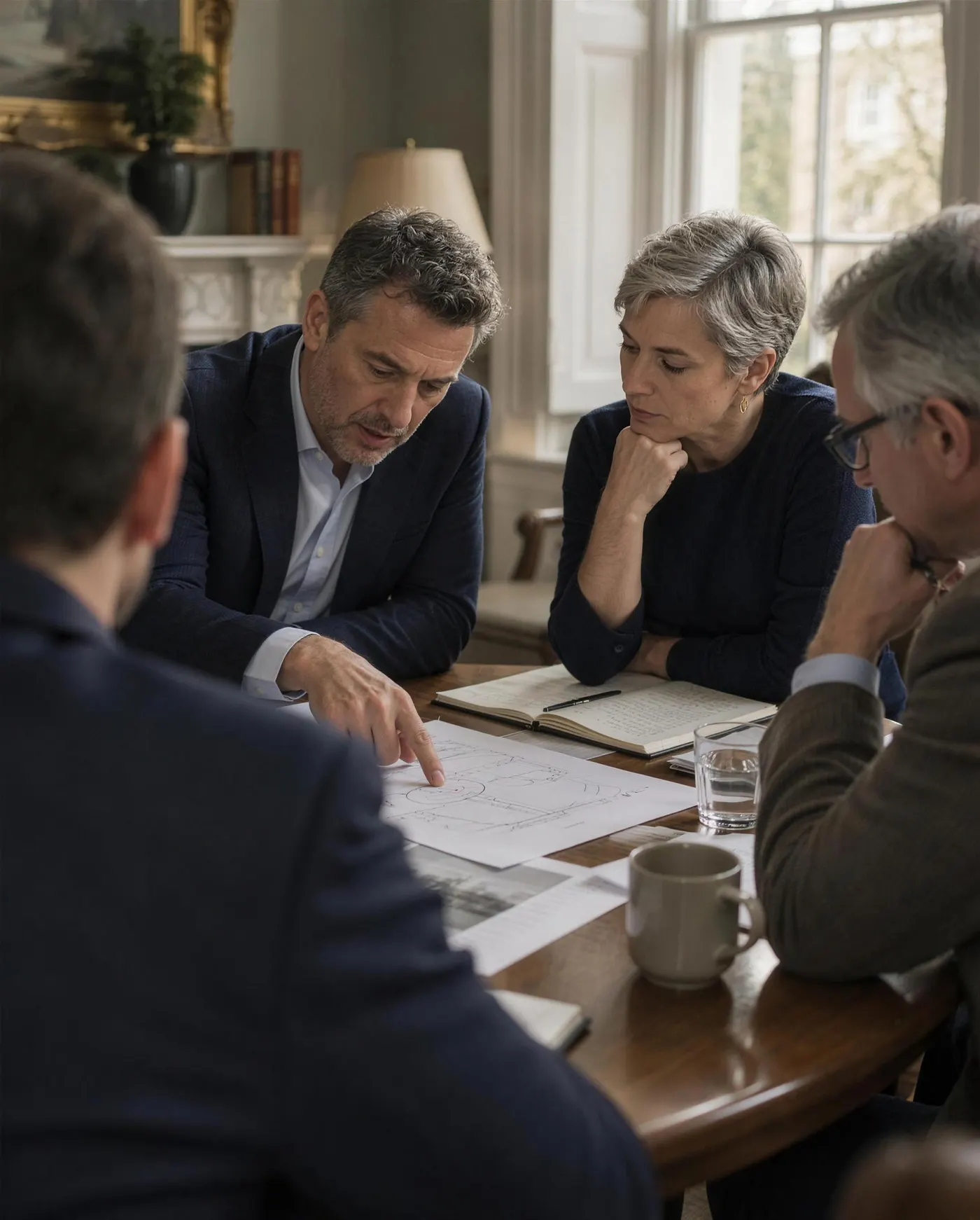 Senior leaders working through a business problem together around a table