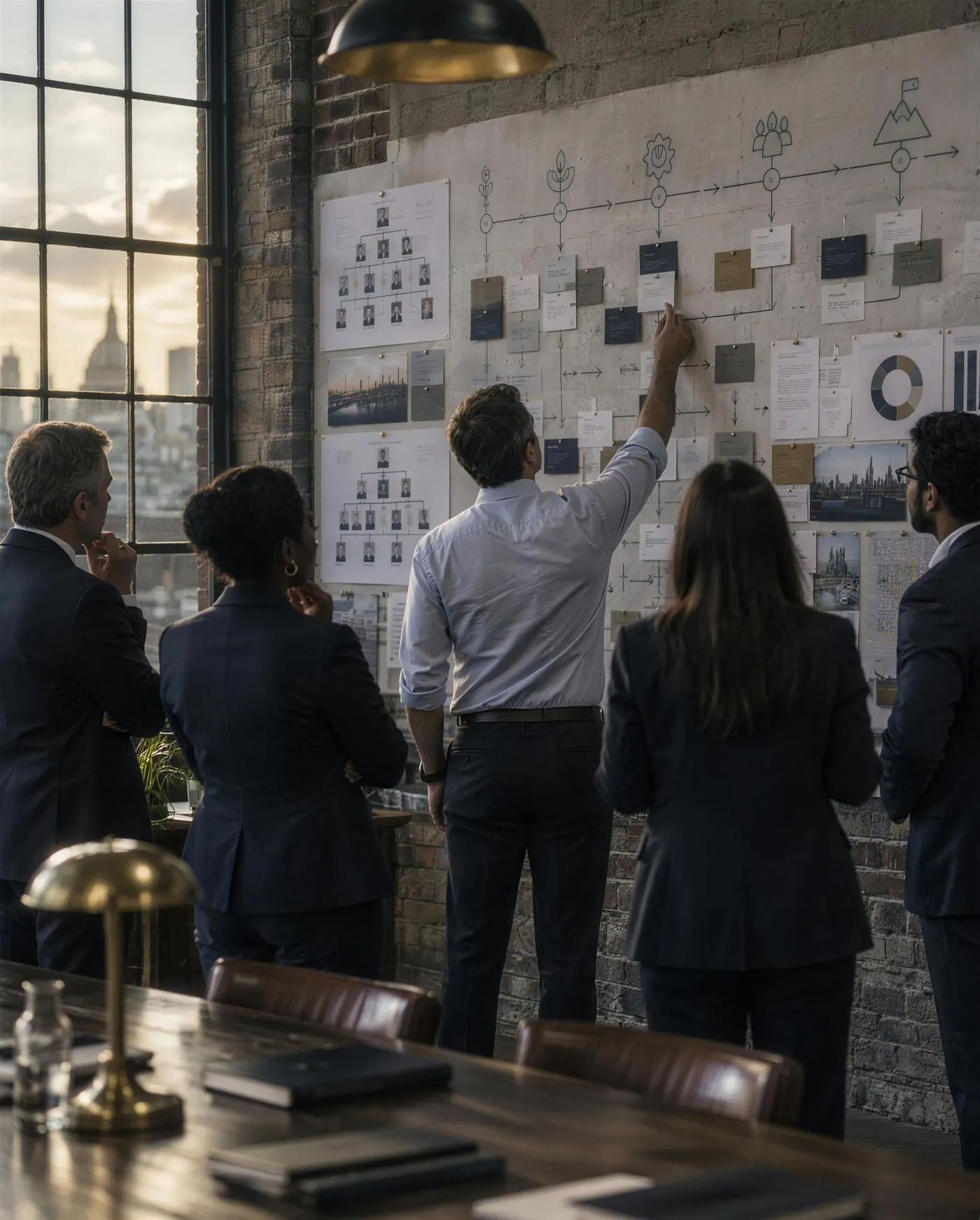 A leadership team standing at a wall covered in a transformation roadmap and organisation charts