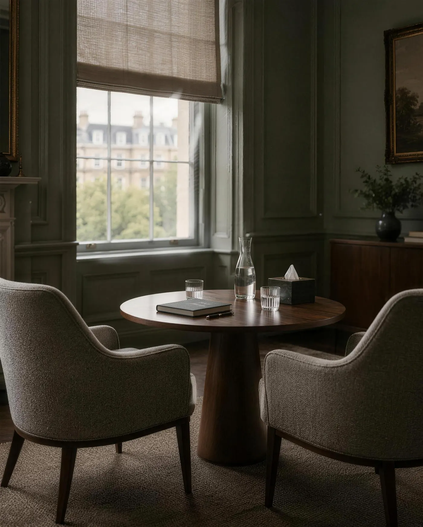 A quiet, private meeting room prepared for a confidential conversation