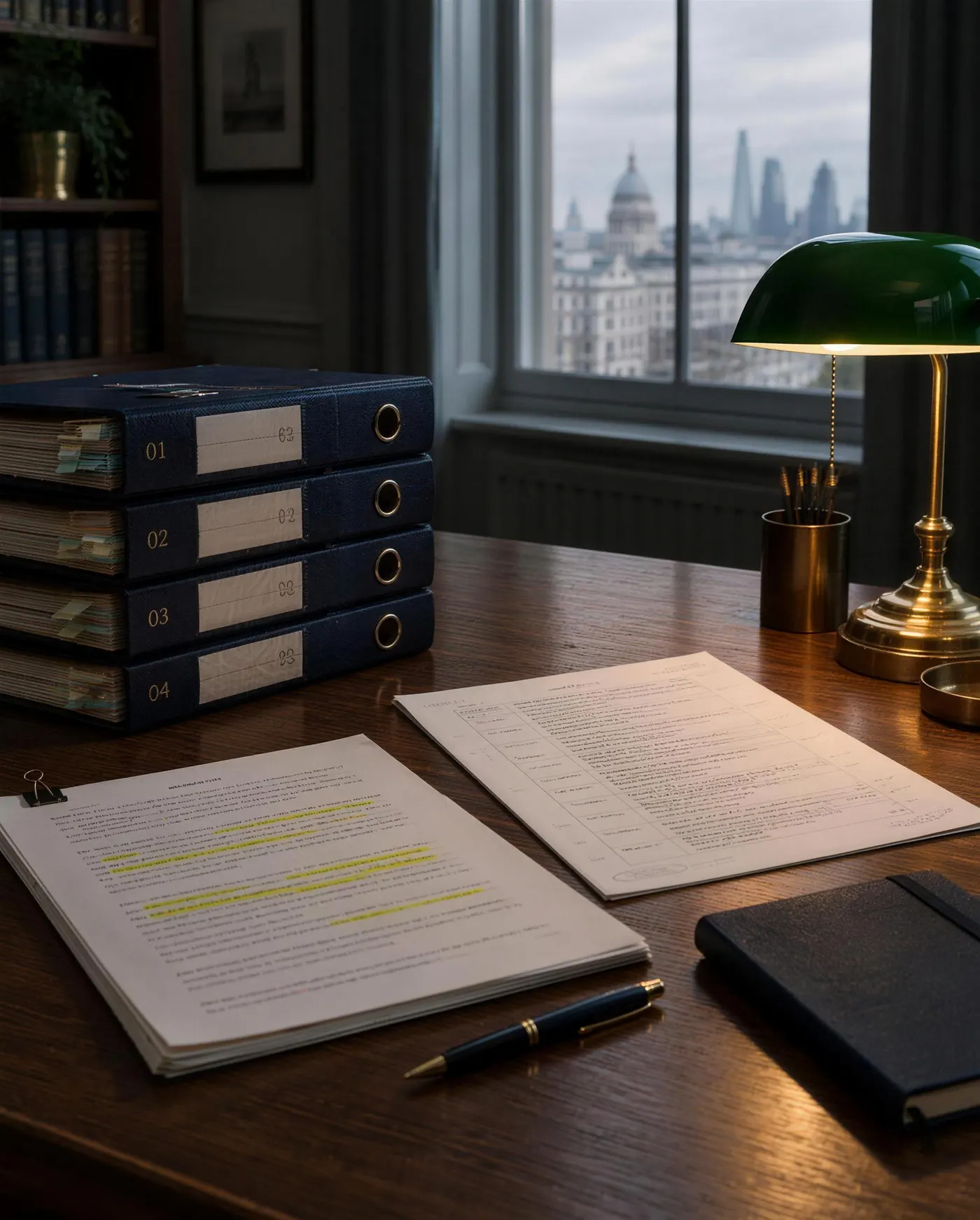 Indexed evidence files and an annotated chronology on a desk
