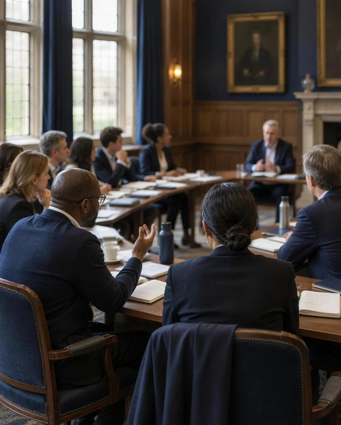 Senior leaders in discussion during an executive education session in a panelled seminar room