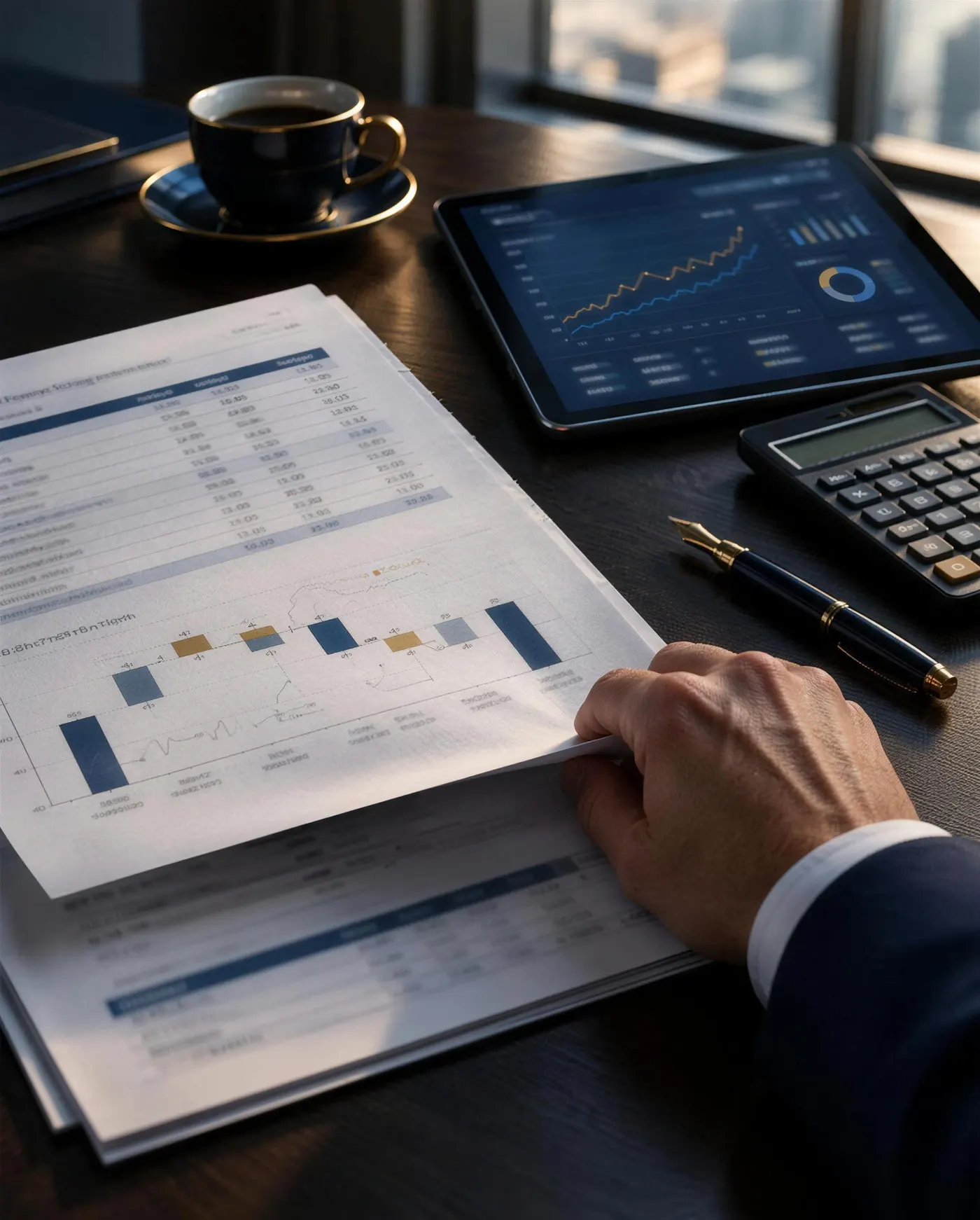 A finance leader turning the pages of annotated financial statements beside a performance dashboard