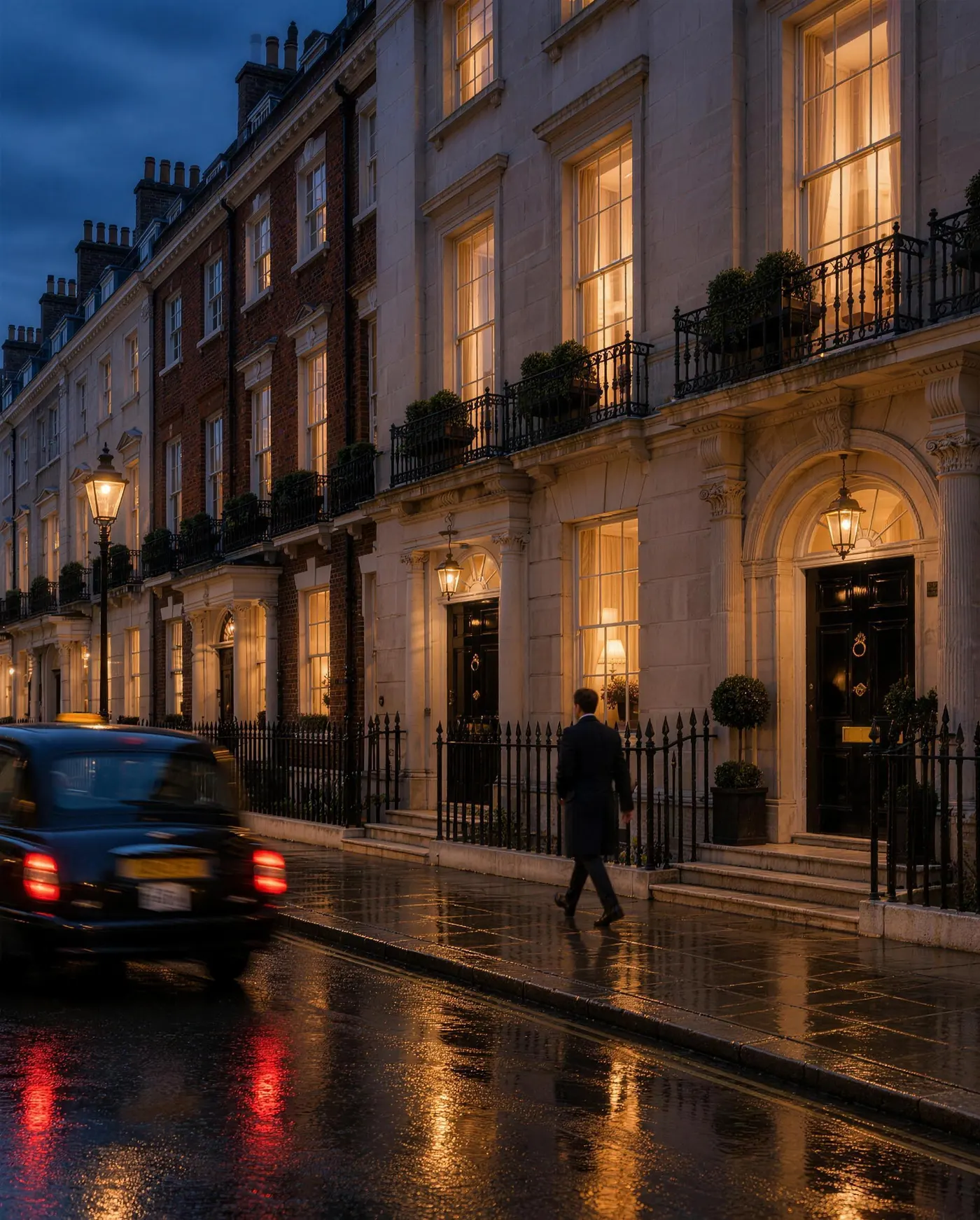 Georgian townhouses on a Mayfair street in London at dusk