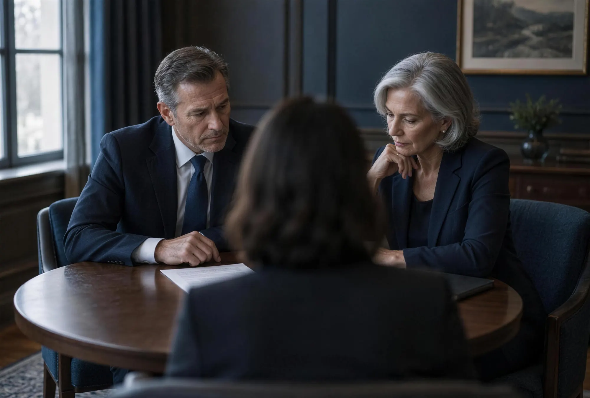 Two senior professionals reviewing a document together in a quiet panelled room