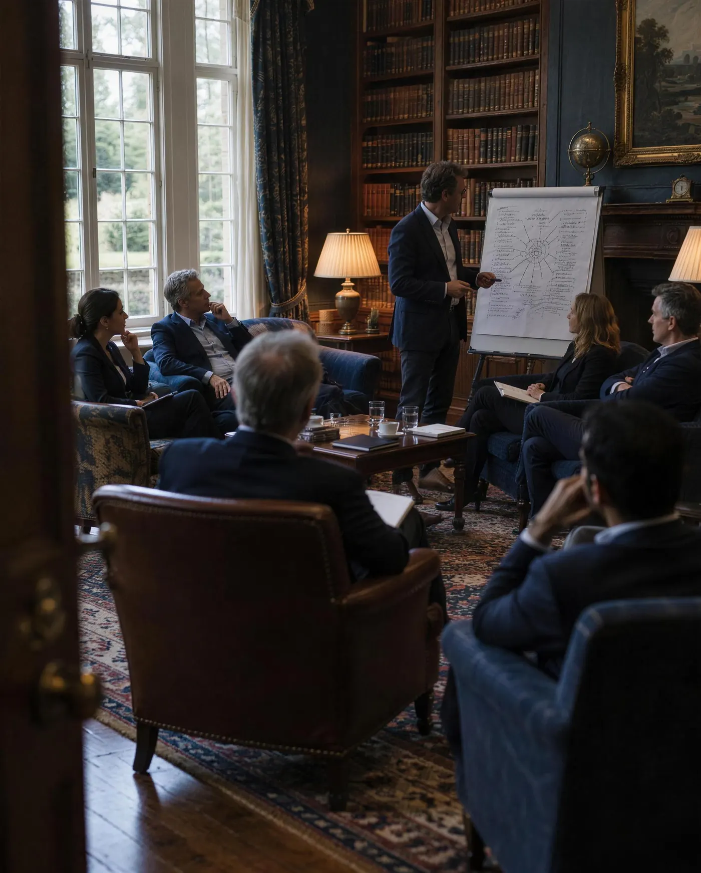 An executive team in a facilitated discussion in a country house library