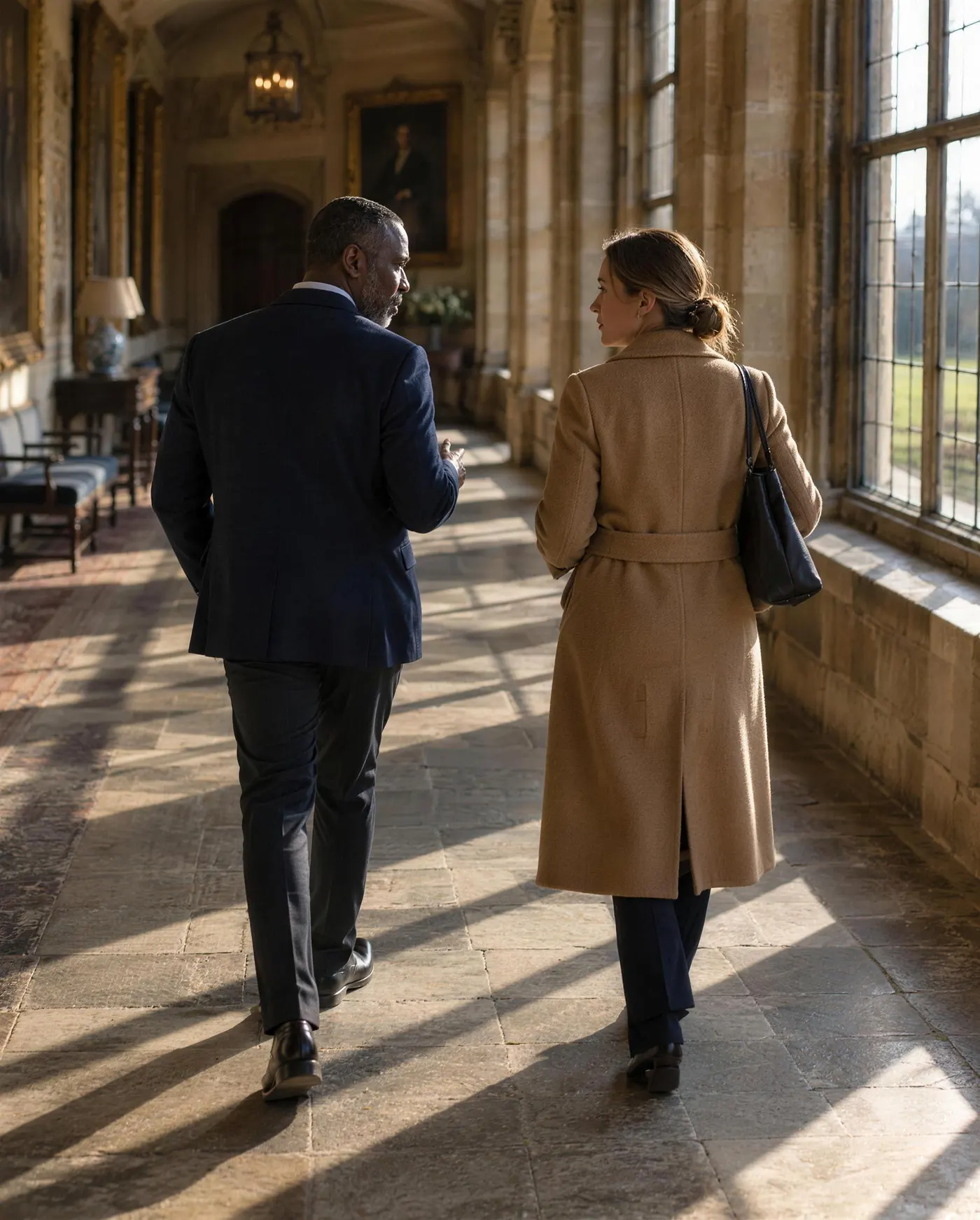 Two senior leaders deep in conversation walking along a sunlit gallery during an offsite