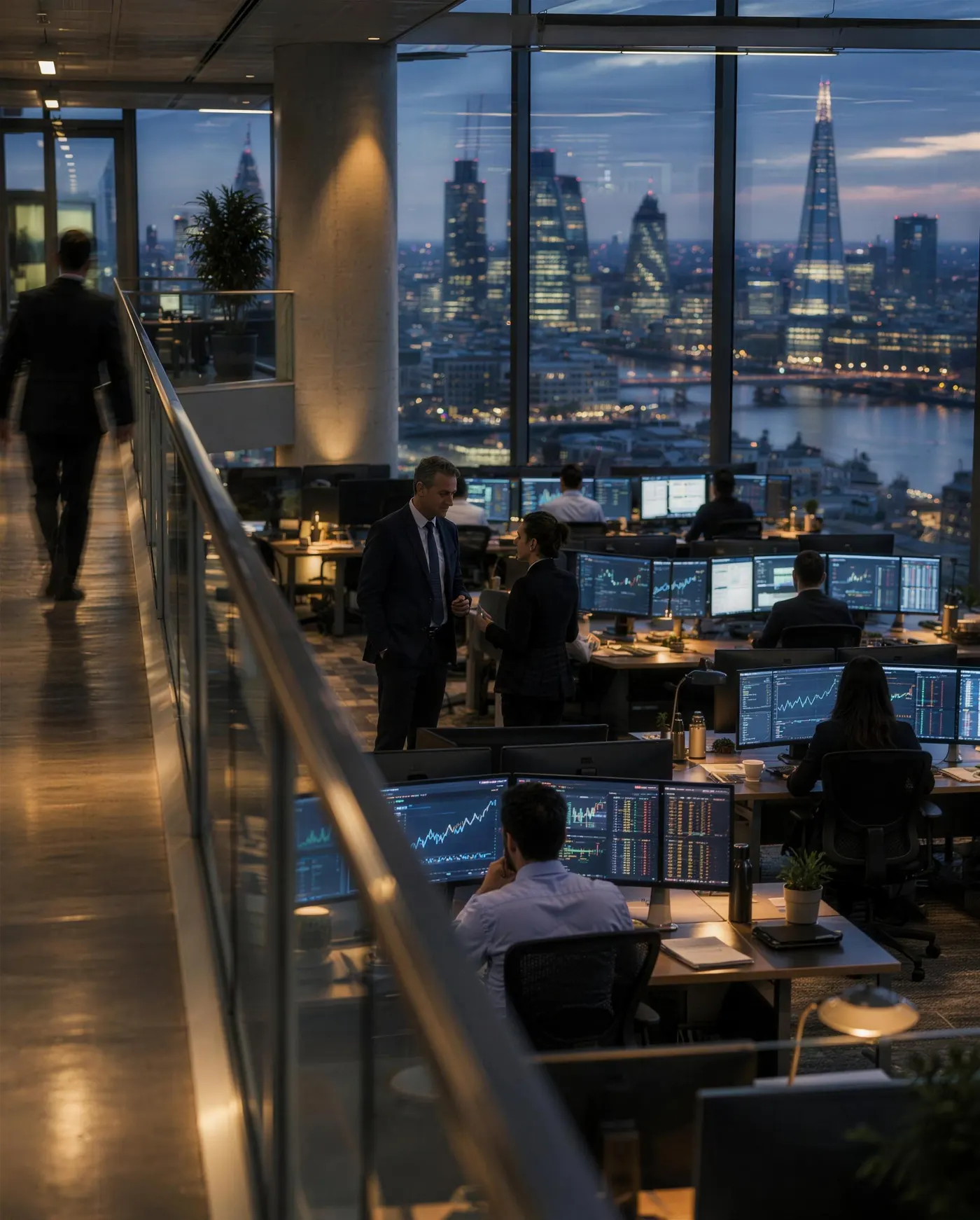 A financial services operations floor in the City of London in the evening