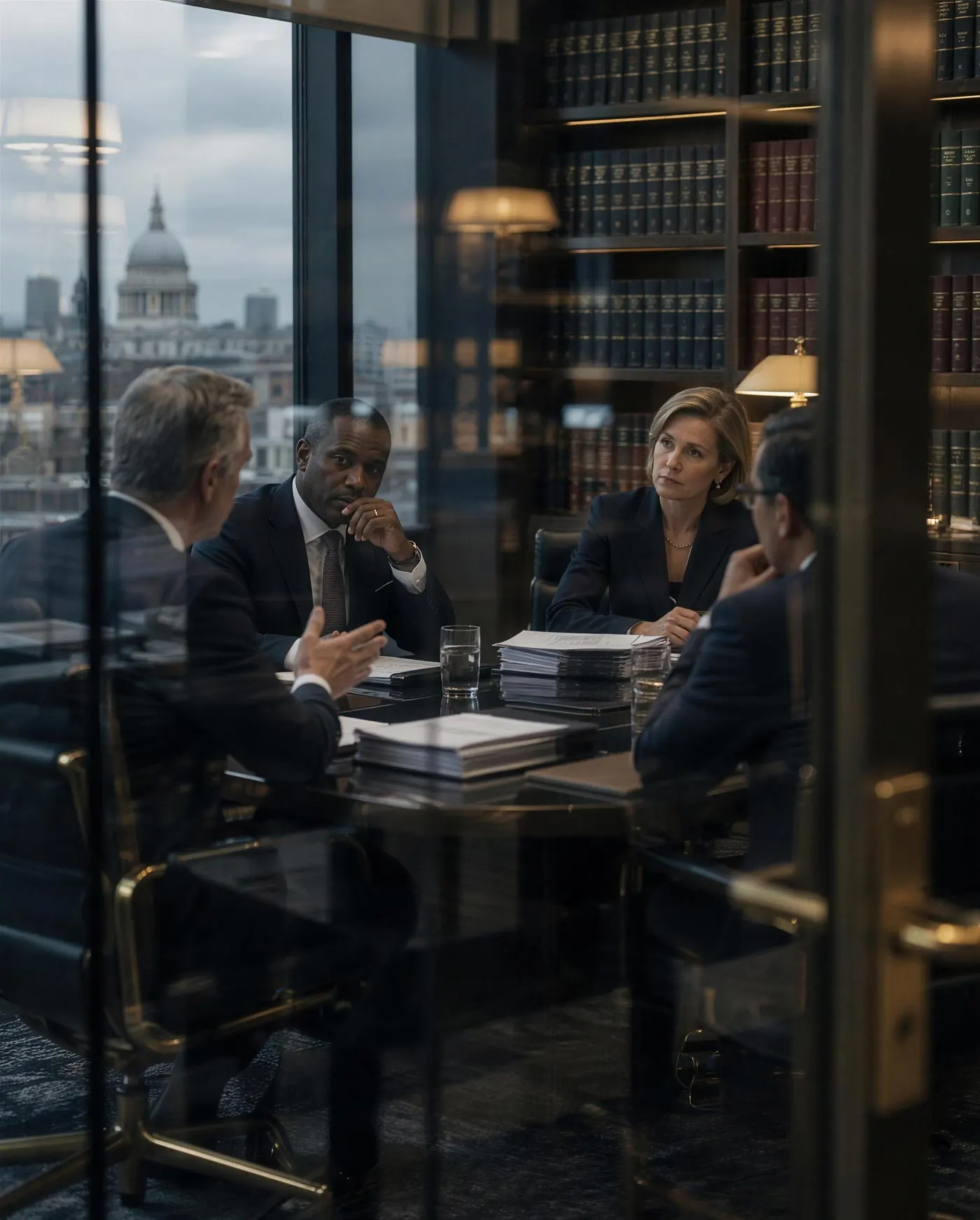 Partners of a professional services firm meeting in a glass-walled room