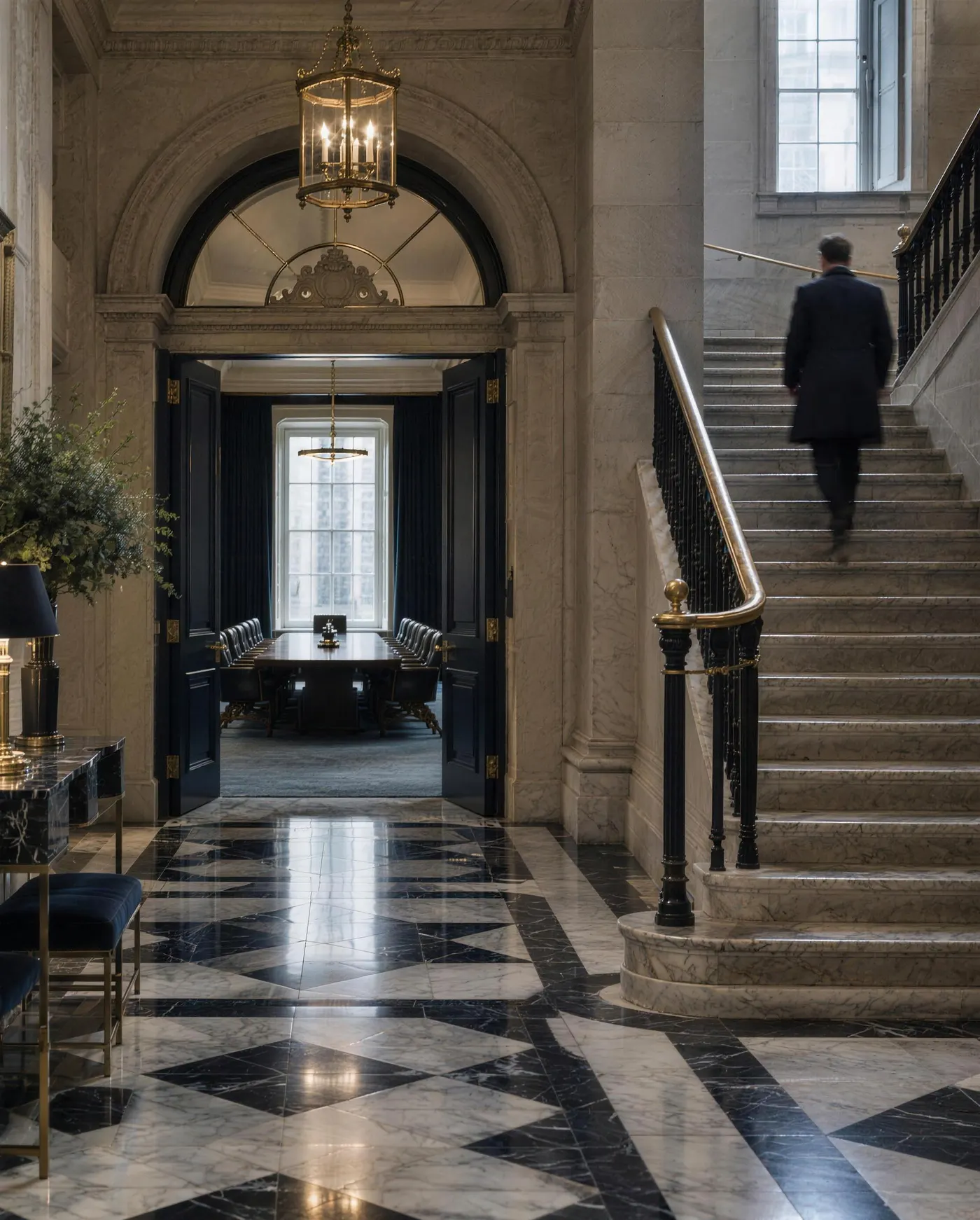 The marble entrance hall and stone staircase of a Georgian London office building, with a boardroom beyond